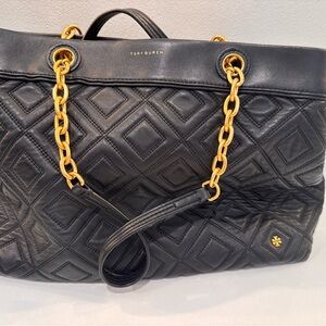 Tory Burch Fleming Triple Compartment Black Quilted Leather Chain Tote